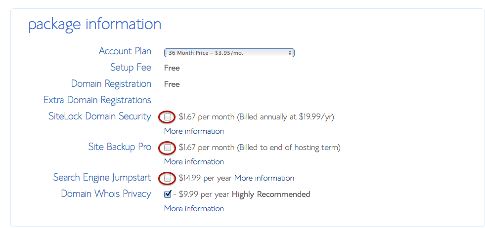 Bluehost package info