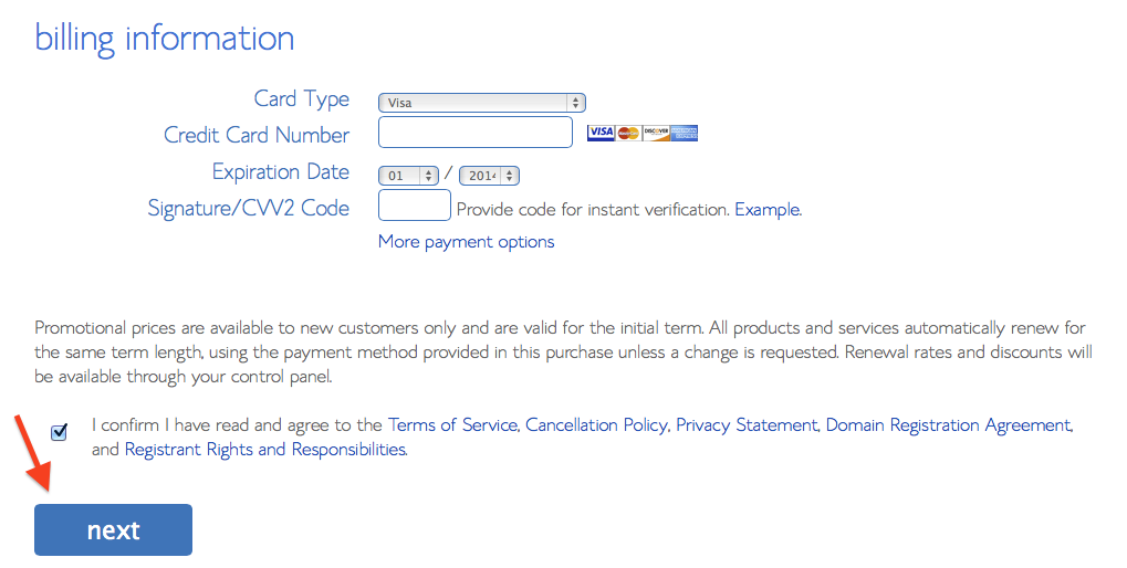Bluehost Billing Information